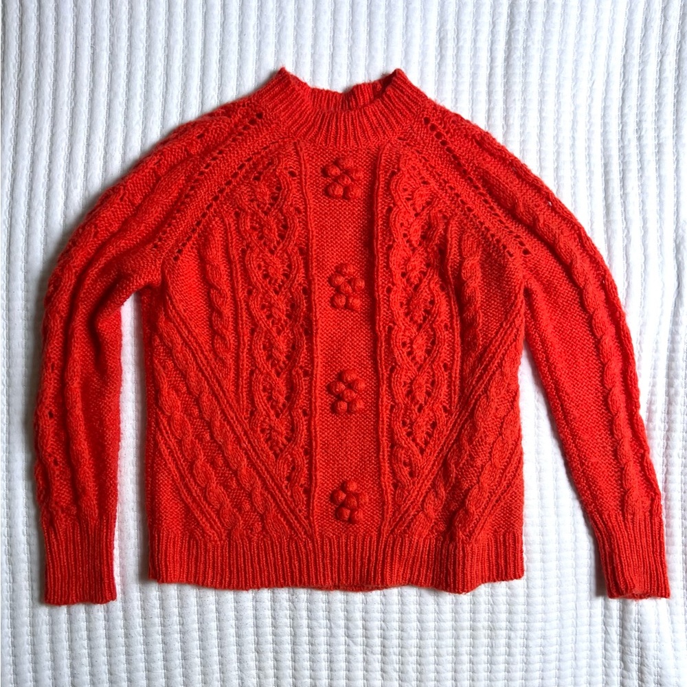Red J Crew pullover sweater with bobbles pom poms